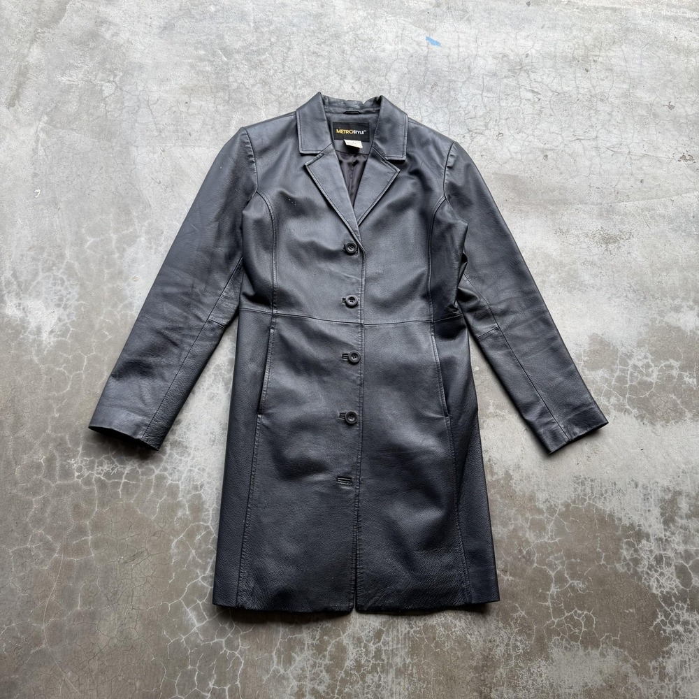 Vintage Metrostyle Leather Coat Womens 6 Black Button Front Mid Length Overcoat